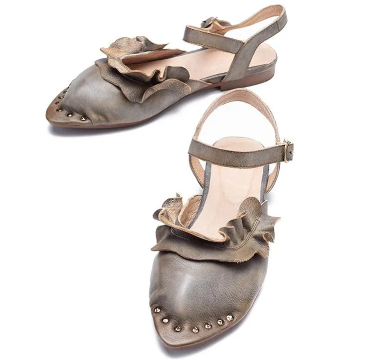 Для женщин Лето г. пояса из натуральной кожи обувь на низком каблуке женские ручной работы цветок сандалии для девочек T59622-13