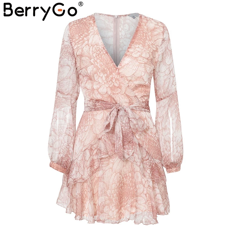 BerryGo женское платье с v-образным вырезом и рюшами, винтажное богемное пляжное летнее платье с длинным рукавом, цветочный принт, сексуальное короткое вечернее платье vestidos - Цвет: Pink Print