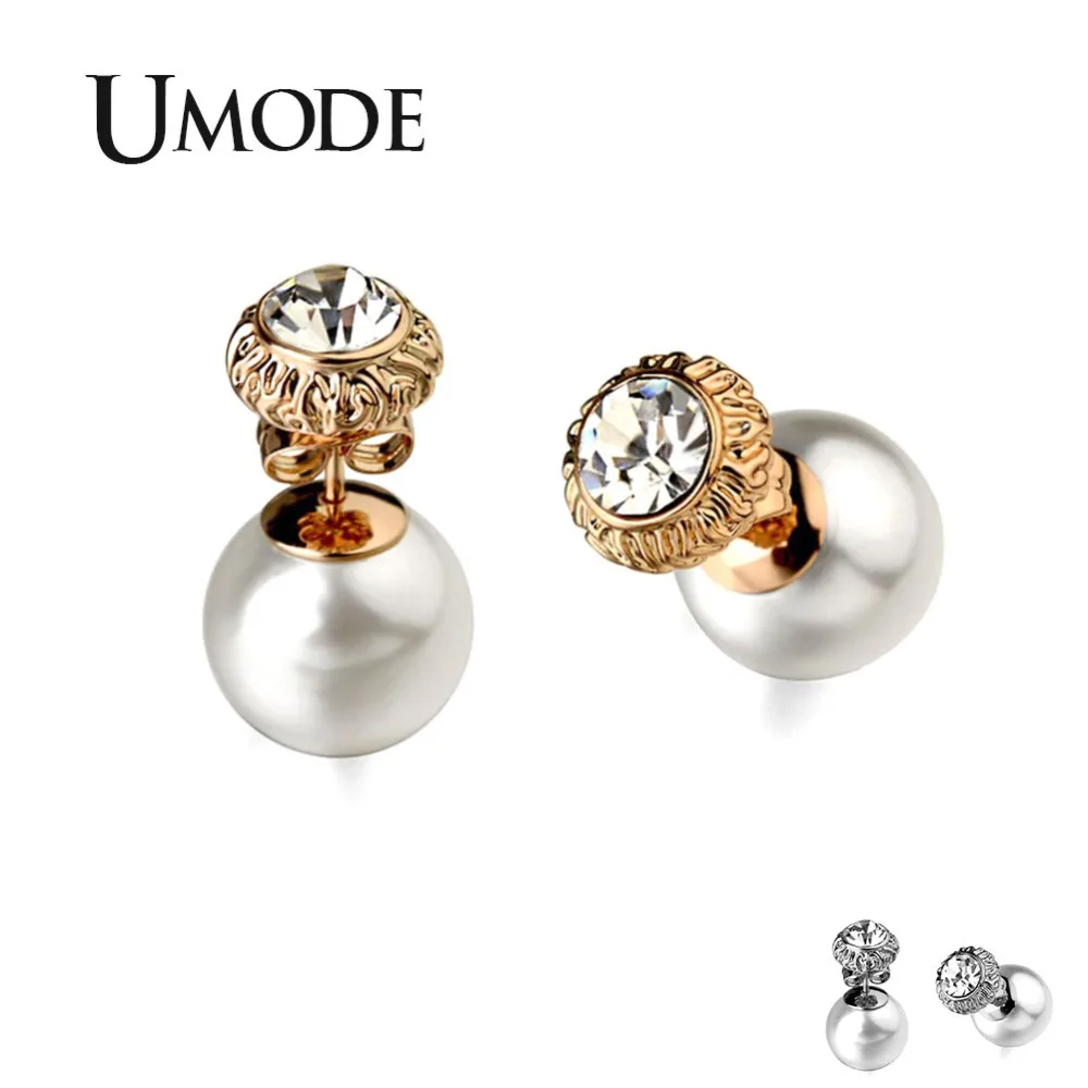 

UMODE Austrian Rhinestone Flower Bud Simulated Pearl Double Sided Stud Earrings Rose Gold Color Jewelry For Women JE0252A