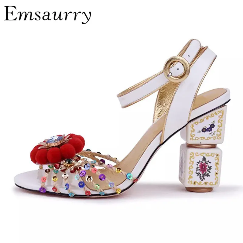 

2019 Retro Printed Flower High Heel Sandals Women Colorful Bling Sequins Rattan Plaited Rhinestone Pompoms Strap Wedding Shoes