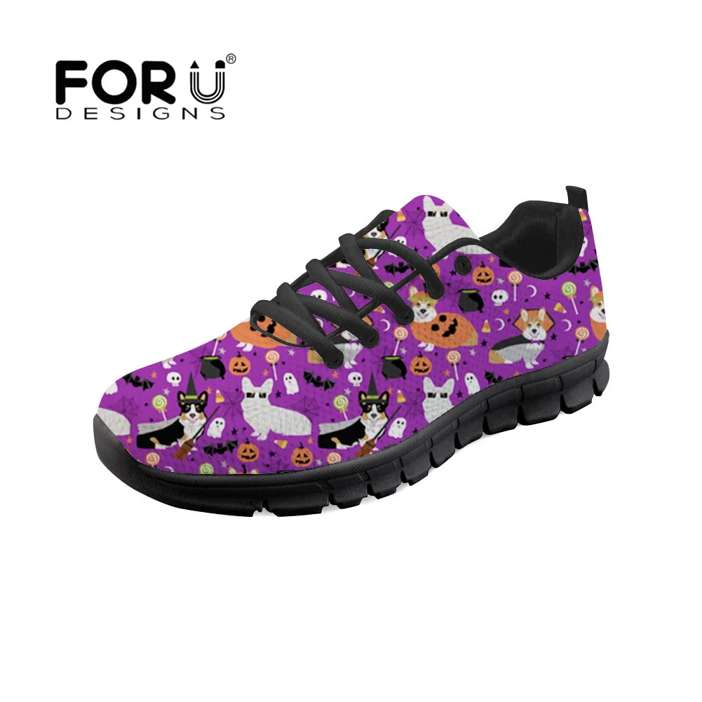 

FORUDESIGNS Dogs Halloween Corgis 2018 Spring Flat Mesh Breathable Sneakers Casual Shoes Footwear Zapatos Mujer Tenis Feminino