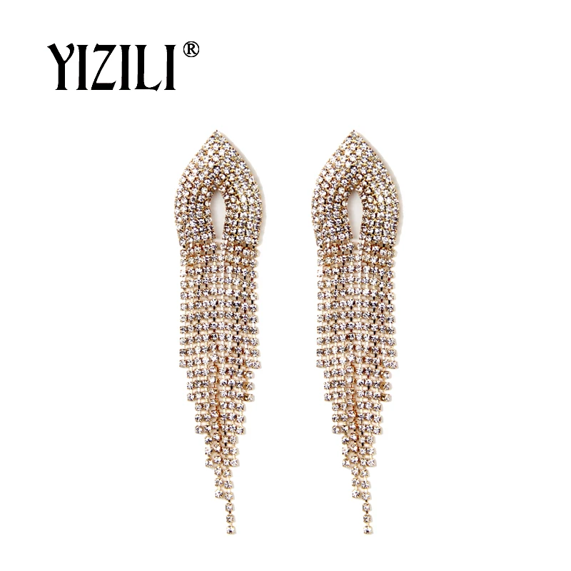 Женские длинные серьги кисточки YIZILI серебристые/золотистые висячие со стразами