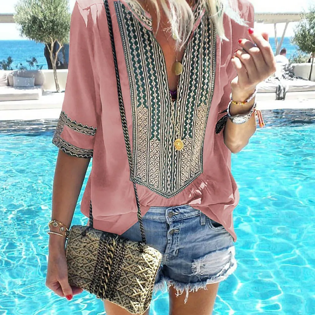 

Women Ladies Deep V-Neck Printed Half Sleeve Loose Tops Blouse Tops