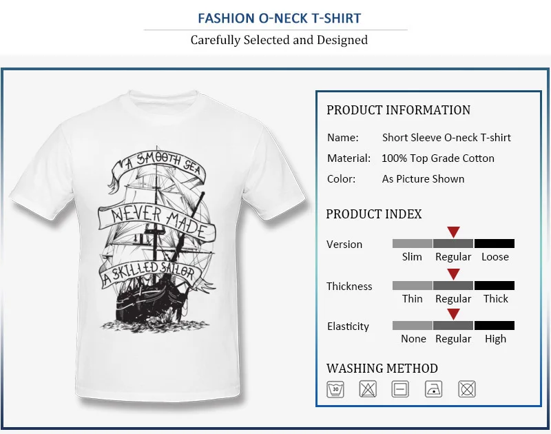 100% Cotton Male Short Sleeve Tops Shirts Printed On Leisure Summer/Autumn T-Shirt Summer Retro O Neck Tee-Shirt Top Quality A smooth sea never made a skilled sailor