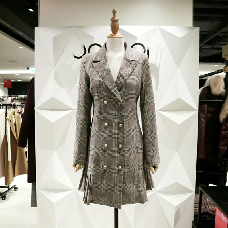 

OL Plaid Blazer Dress Women Elegant Ruffles Pleated Casual Blazer Jacket Autumn Spring Double-breasted Blazer Dresses Jc2856