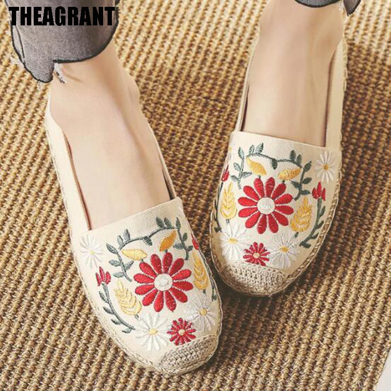 

THEAGRANT 2019 Floral Women Shoes Spring Summer National Flat Shoes Woman Embroidered Breathable Linen Slip on Loafers WFS3047