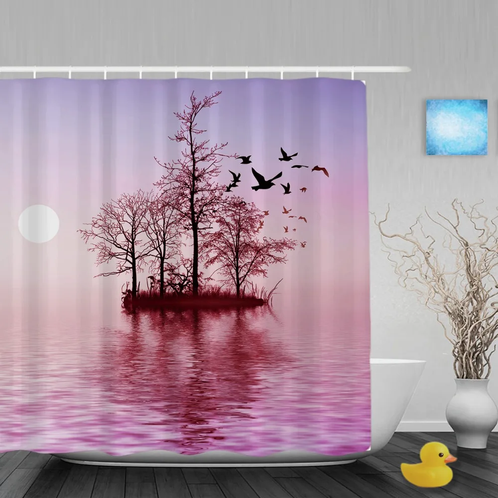 Beautiful Landscape Shower Curtain Moon Lake Birds Bathroom Curtains