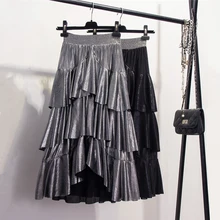 Юбки Для женщин s высокое уличный стиль Блестящий металлический Асимметричная юбка Для женщин Высокая Талия взъерошенный слой Многоуровневое длинная юбка миди