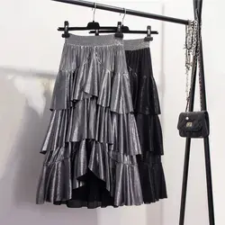 Юбки Для женщин s высокое уличный стиль Блестящий металлический Асимметричная юбка Для женщин Высокая Талия взъерошенный слой