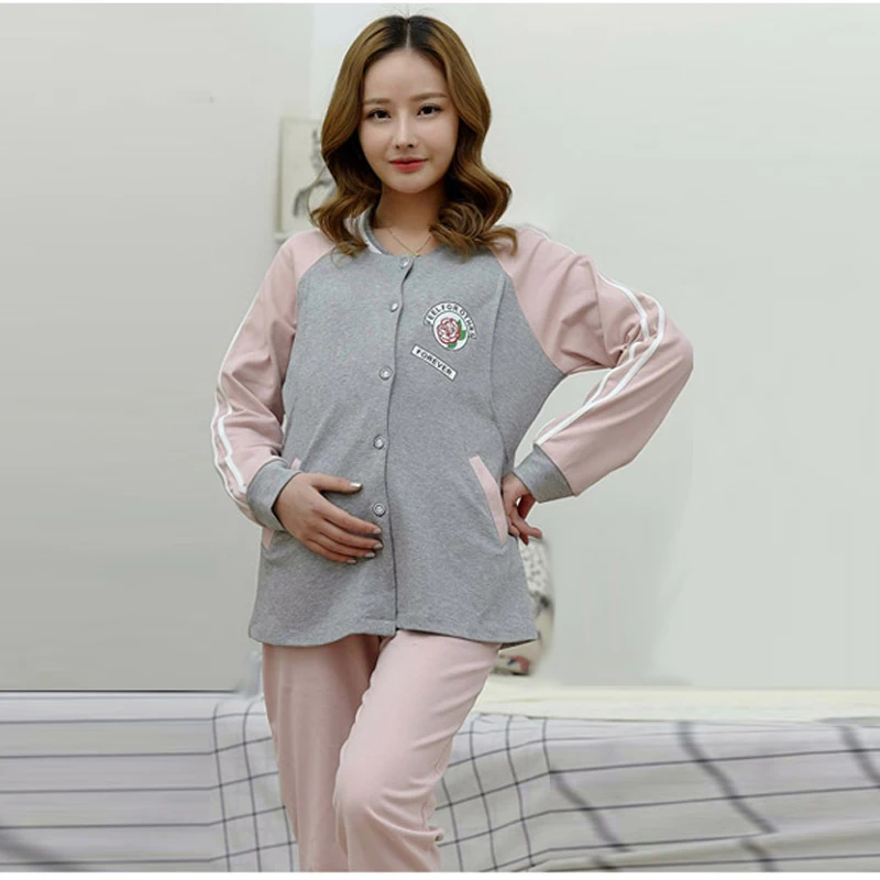 Cotton Plus Size Maternity Nursing Pajamas Set Long Sleeve