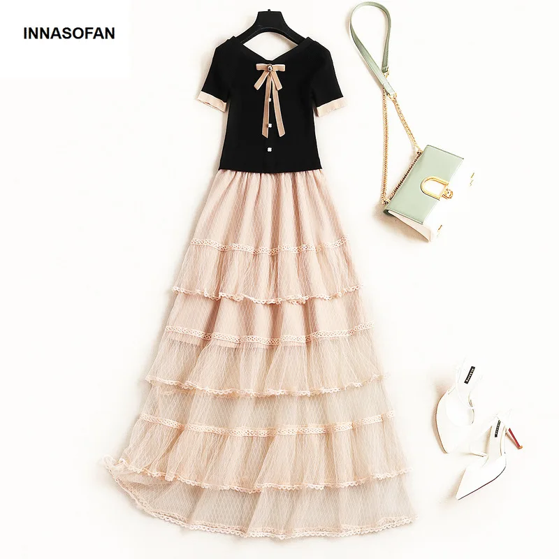 

INNASOFAN Women's Tulle Knitwear Spring Summer High Waist Long Dress Euro-American Dress with Short Sleeves