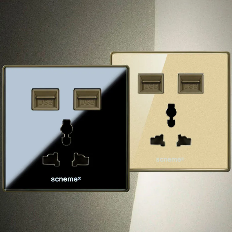 

Universal wall Outlet with Double USB port wall socket, Black/Gold Crystal acrylic power electrical plug outlet, 10A AC110~250V