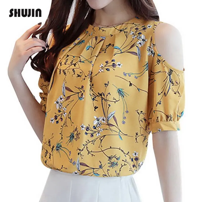 

SHUJIN Women Elegant Chiffon Blouses Summer Casual Short Sleeve Off Shoulder Print Shirt Tops Ladies Work Office Blouse 3XL