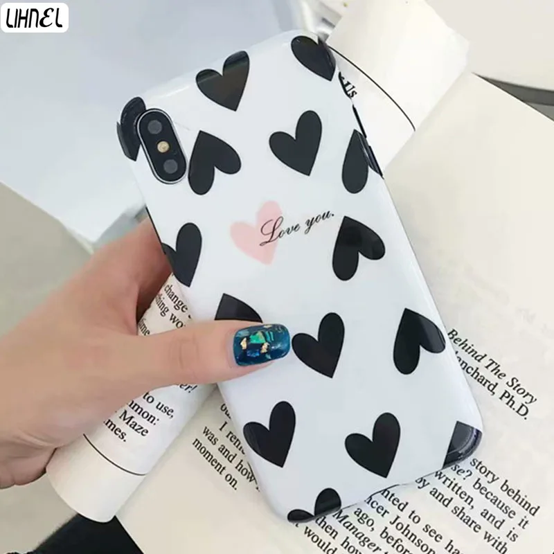 

Case for iPhone 7Plus Sweet Love Heart IMD Black Full Coverage Case Cover for iPhone X XS Max XR 6 6S 7 7Plus 8 8Plus etui coque