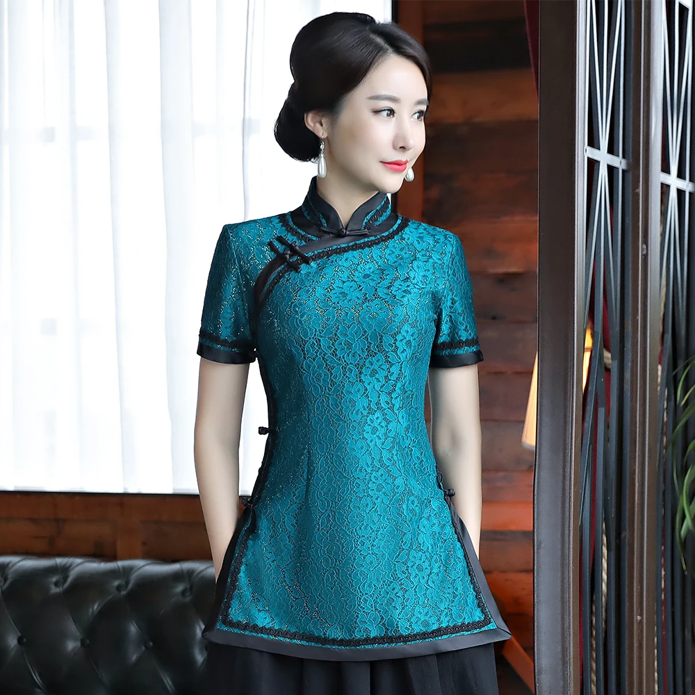 Lady Lace Blouse Classic Mandarin Collar Shirt Chinese