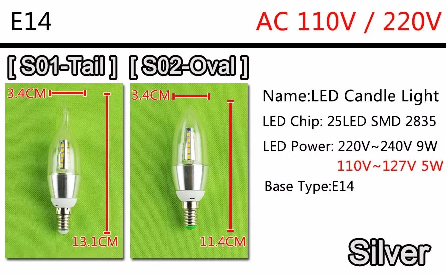 Золотой, серебряный, 5 Вт, 9 Вт, 12 Вт, E14 Светодиодный светильник в виде свечи, алюминиевый корпус, светодиодный светильник, 110 В, 220 В, светодиодный светильник, E14, холодный, теплый, белый, Lampara 2835