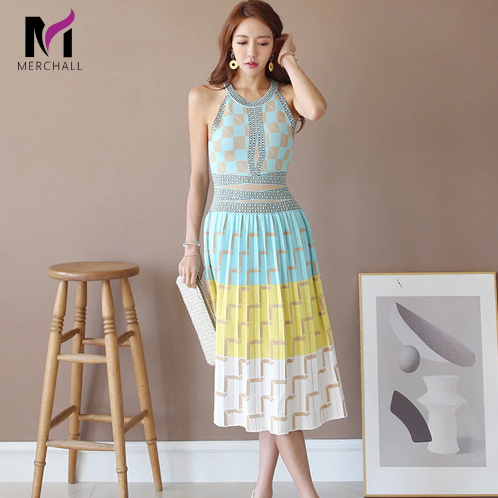 

2019 New Summer Sexy Off Shoulder Halter Vest Knit Dress Women Elegant Sleeveless Geometry Pattern Jacquard Knitted Dress