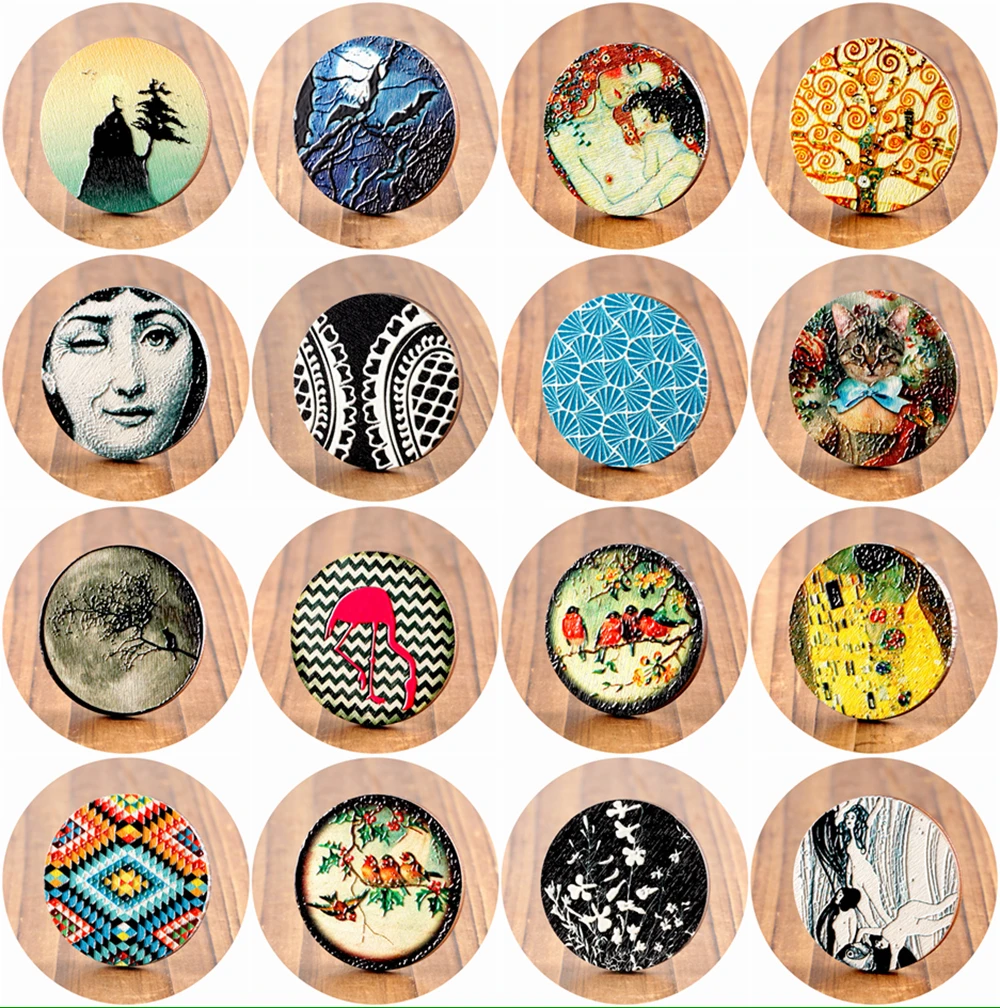 

2PCS PIERO FORNASETTI KLIMT 45mm 3D Embossed Big Round Coloured Drawing Wood Cut Pendant DIY Brooch Necklaces,-WIB-(17-32)