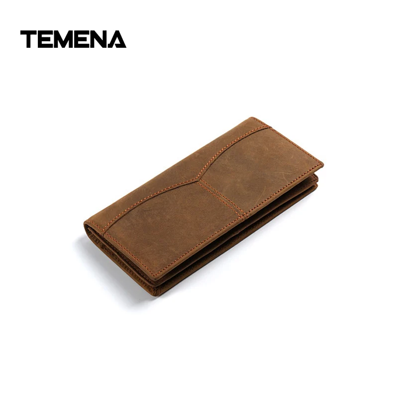 

Temena Genuine Leather Long Slim Men's Wallets Brown Long Design Multifunctional Cow Leather Purses With Phone Bag Wallet AWL056