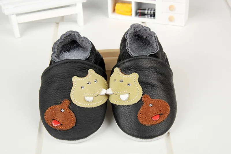 Infant cartoon hippo leather shoes cute black brown pre