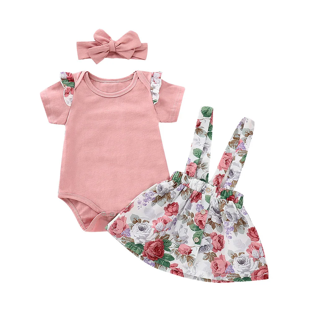 Одежда для малышей; хлопковые топы с короткими рукавами для новорожденных девочек; боди; юбки с цветочным рисунком; повязка на голову; комплект одежды для девочек; Лидер продаж