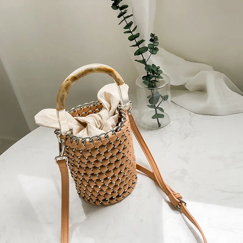 Bucket Cylindrical PU Bags Barrel Shaped Woven Women Crossbody Bags