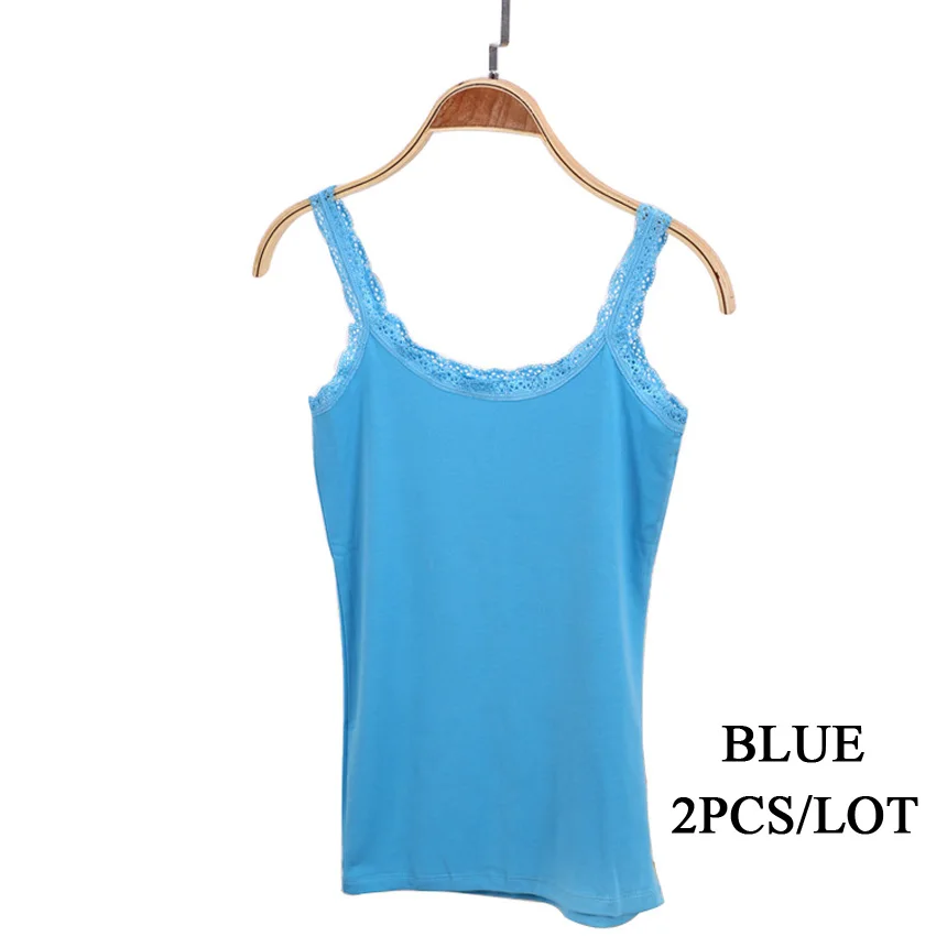 Blue 2pcs a Lot 2 шт./партия, сексуальный мягкий хлопковый топ на бретелях, Женский однотонный кружевной жилет без рукавов, горячая майка, тонкий жилет, топ, обрезанный очаровательный женский - Цвет: Blue 2pcs a Lot