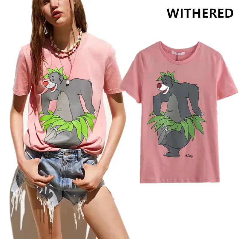 

Withered high street o-neck pink color animal cartoon print t shirt women harajuku tshirt camisetas verano mujer 2019 plus size