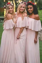 Off-the-shoulder пастельный розовый оборками длинное шифоновое для невесты платья длиной до пола, платья выпускного вечера цвет на заказ и Размеры