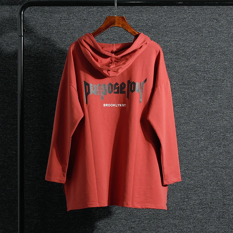 wine red Топ полный Kpop Осенняя футболка с длинным рукавом Женская хлопковая Повседневная Новая Стильная трикотажная ткань с буквенным принтом с карманами с капюшоном - Цвет: wine red