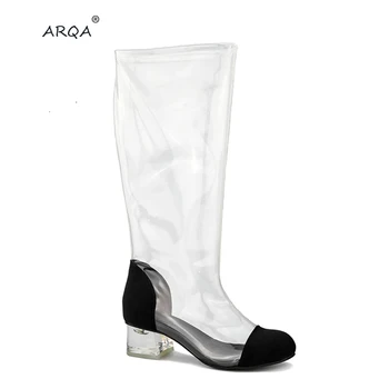 

ARQA 2019 New Model Fashion Knee Boots Low Square Lucite Heel Transparent Perspex PVC Boots for Women