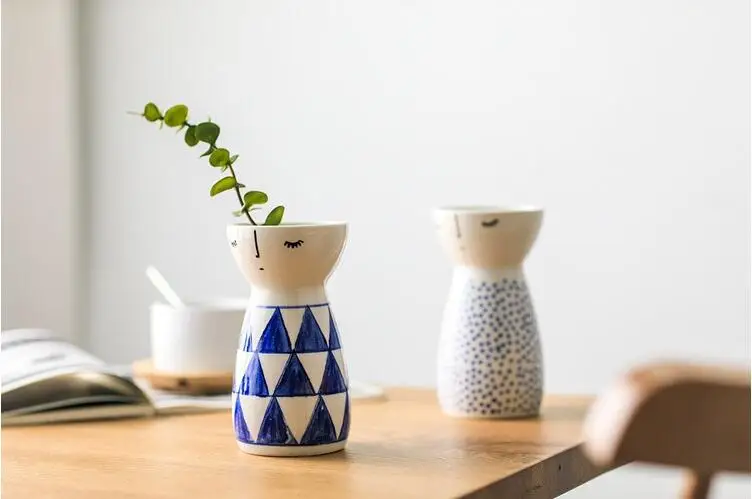 Креативная керамическая ваза с геометрическим узором Милая Кукольная голова ваза-Статуэтка украшения для дома свадебный подарок мини ваза