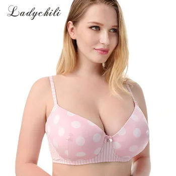 

Ladychili Women Intimates Pink Color Cute Dot Print Stripped Patchwork Large Sizr Bra Full Cup Comfort Wide bra DD05