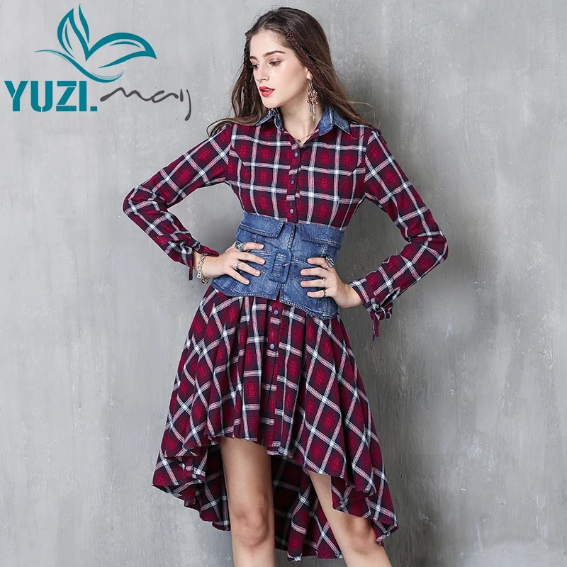 

Dress Women 2017 Yuzi.may Boho Denim Vestidos Turn-down Collar Asymmetrical Hem Plaid Detachable Belt Dresses A82055 Vestido