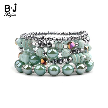 

5 Pcs/Set Bohemian Jewelry Ladies Bracelets Sets Women Natural Turq. Stone Cut Crystal Glass Beads Rondelle Bracelets BCSET258