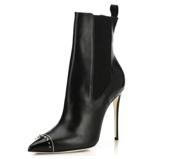 

Sexy woman black pointed toe high heel ankle boots Ladies super high thin heel rivets short boots Spring and fall high heels