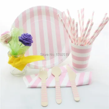 

Free Shipp100 sets/716pcs Party Decoration Tableware Lovely Baby Pink Striped Paper Straw Cup Plate Napkin Spoon Fork Knife