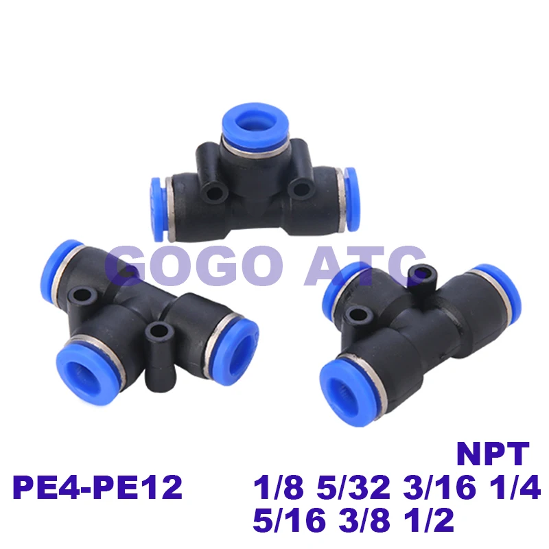 

NPT inch air pipe joint PE 1/8 5/32 3/16 1/4 5/16 3/8 1/2 equal diameter positive three-way pneumatic quick connector