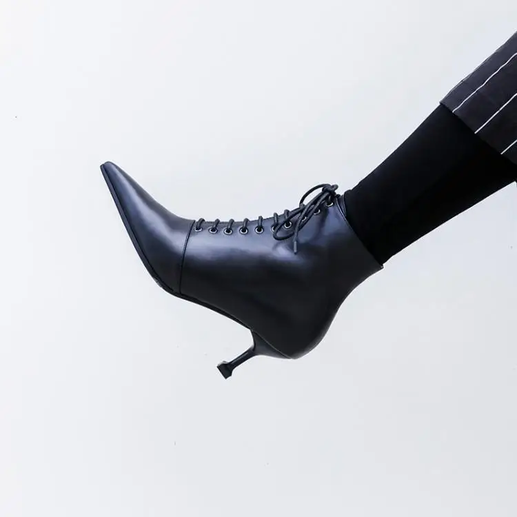 Leder Mode Vorderseite Spitz Show 2018 Chic Kreuz Frauen Zeigen As Damen Seite Mädchen Zip Schuhe Botas Heels High Stiefeletten Schwarz Gebunden wXn8dgq
