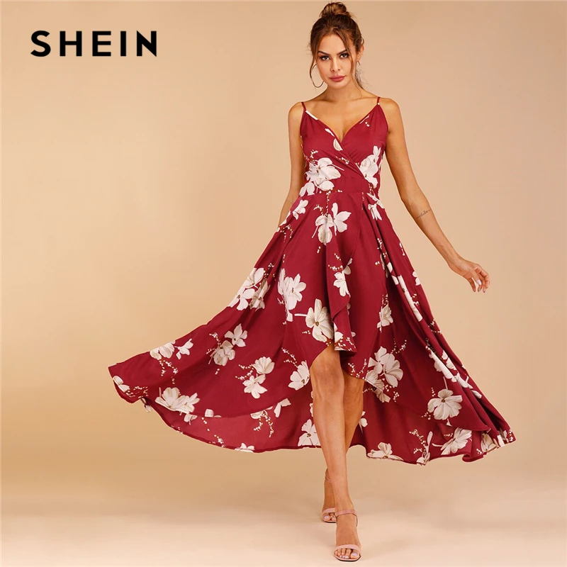 

SHEIN Print Tulip Hem Surplice Sexy Cami Dress Boho Spaghetti Strap Slip Women Dresses Sleeveless Summer High Waist Dresses