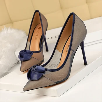 

BIGTREE stiletto high heels pumps women shoes escarpins sexy hauts talons shallow flower chaussure femme talon air mesh schoenen