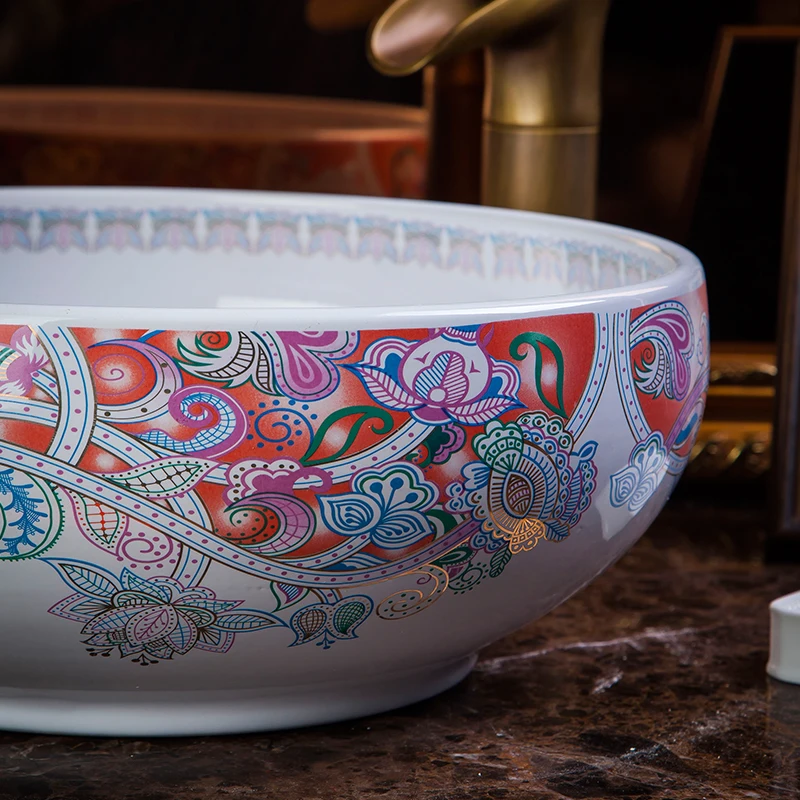 Chinese Europe Vintage Style Art wash basin Ceramic Counter Top Wash Basin Bathroom Sinks blue and white flower wash basin (7)