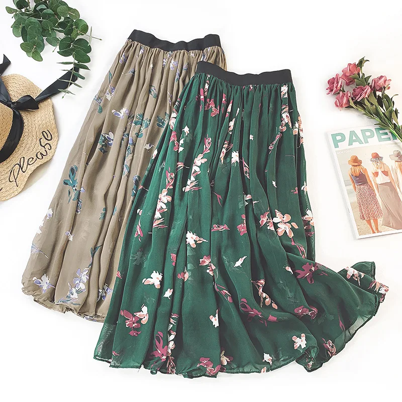 

2019 Summer Skirts Women Denim Patchwork Chiffon Floral Print Long Skirts High Waist Beach Skirt