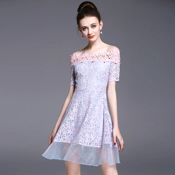 

A Dress Woman A Word Lace Dresses Organza Summer Clothing New Quality Dress Of Short Sleeves Slash Neck European Fashion S M L