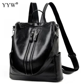 

YYW Women'S Leather Backpack High Quality Solid Black School Backpack For Teenager Mochila Grande Feminina Laptop Backpack