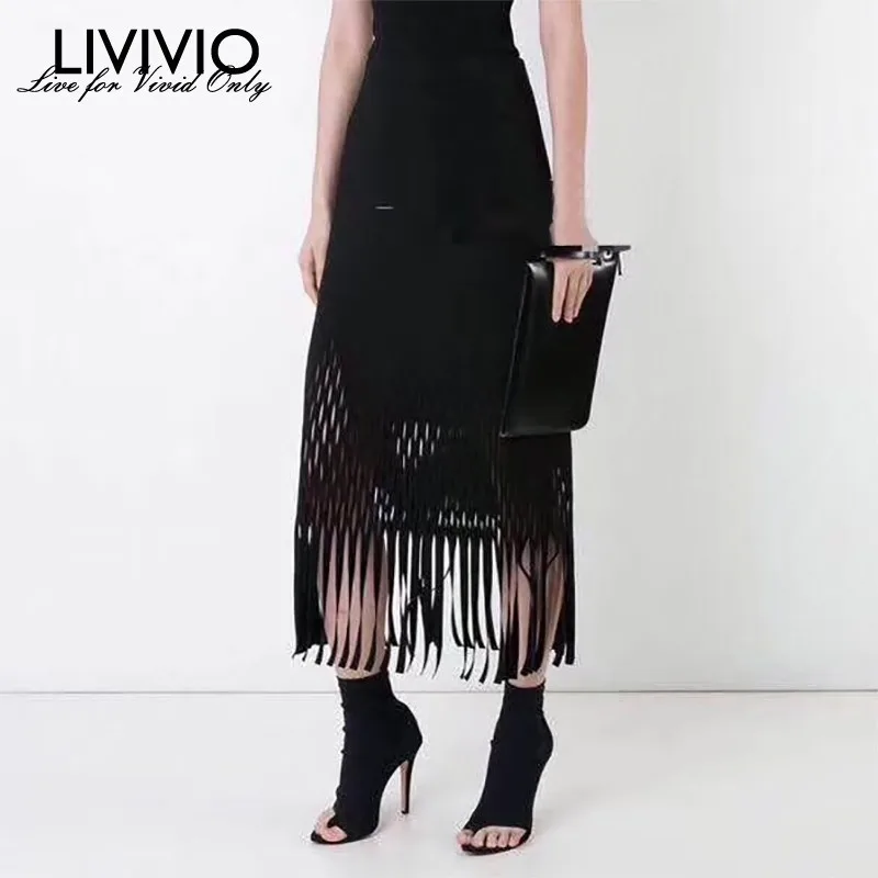 

[LIVIVIO] Tassel Patchwork Skirt For Women High Waist Hollow Out Slim Midi Skirts Female Fashion Clothes 2019 Summer New