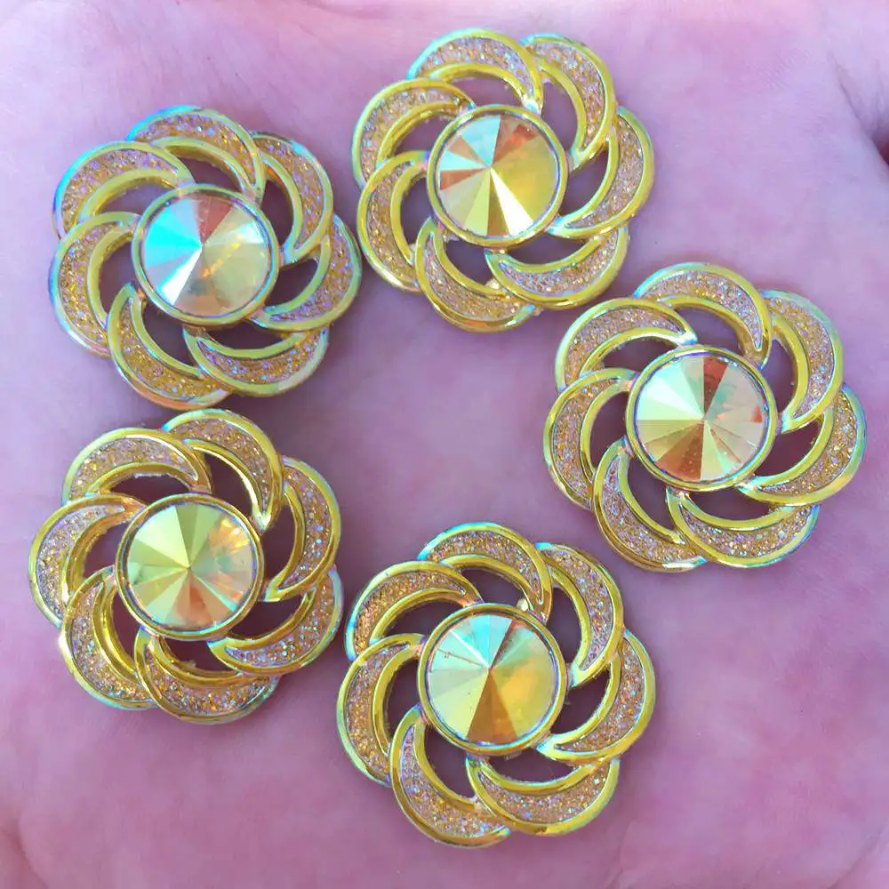 New 6pcs AB Resin Hollow Out 25mm Flower Flatback Rhinestone Wedding DIY Resin Ornaments R84 - Цвет: yellow