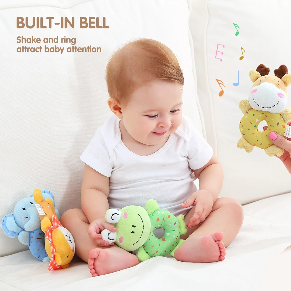 4pcs/set Baby Plush Rattle Cartoon Deer Lion Ring Bell Hand Grasp Toys Mobile Infant Crib Dolls Musical Toy Kid Educational Toy 