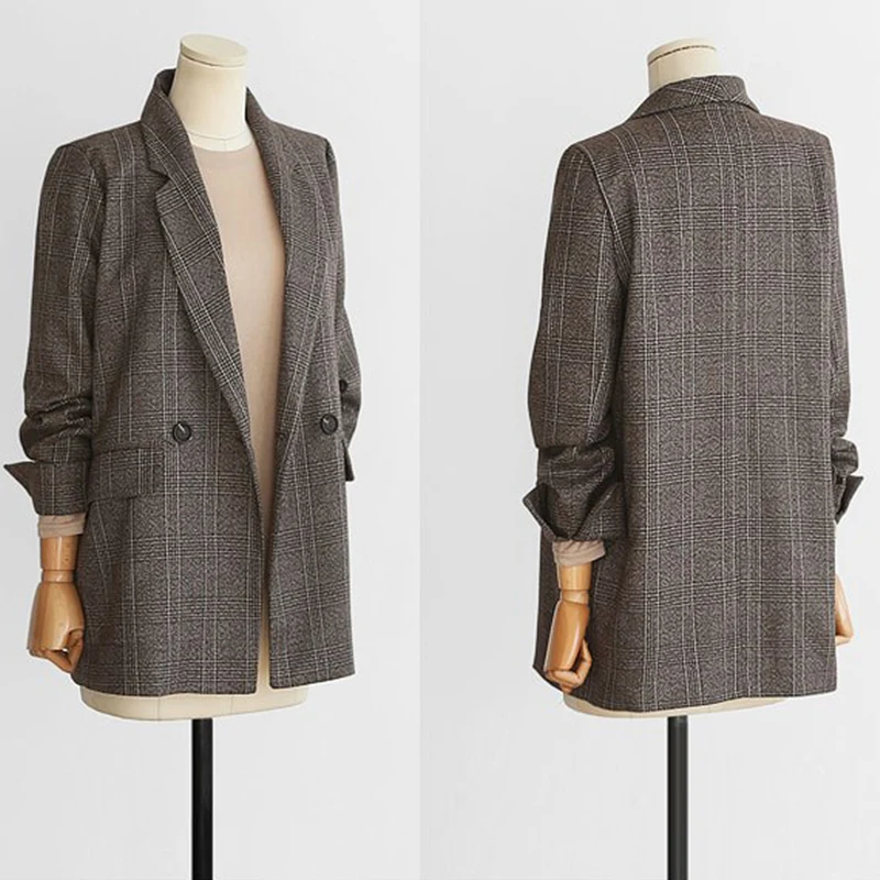 Серый клетчатый блейзер для женщин; большие размеры 5XL; Базовая куртка; Femme; сезон осень-зима; двубортное пальто для работы; Офисная Женская винтажная верхняя одежда