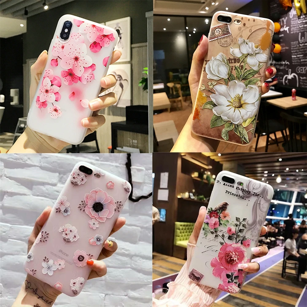 

Embossed Flowers TPU Case For iPhone X 6S 7 6 8 Plus Cute 3D Relief Floral Matte Back Cover For iPhone 6s 6 Plus 7 8